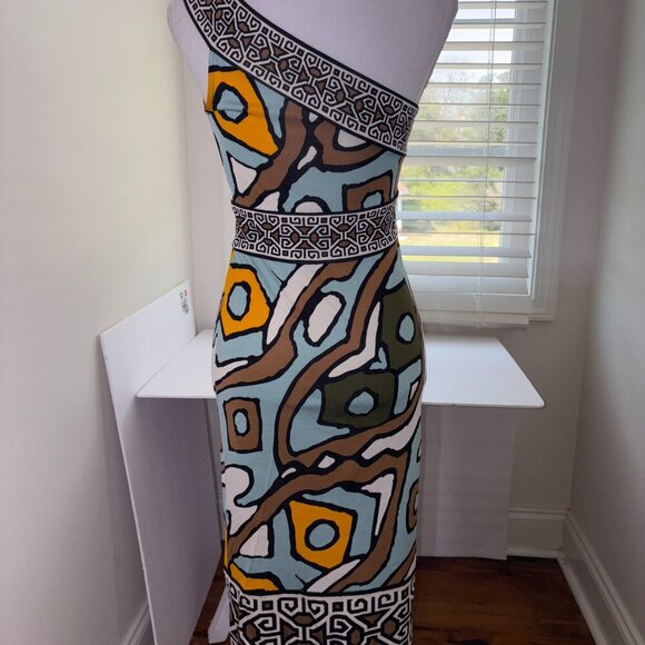 DVF Diane Von Furstenberg Societes One Shoulder 100% Silk Dress Aztec Stretch 2 - Picture 2 of 15